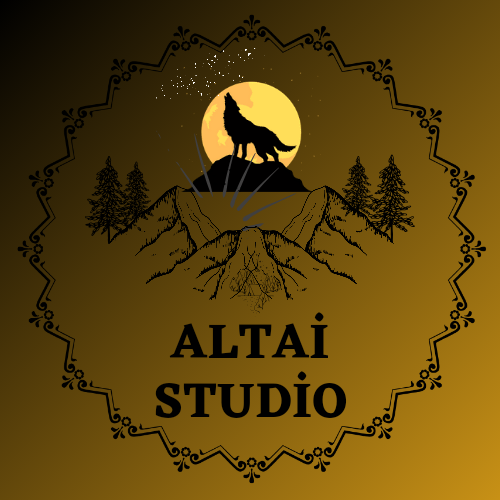 A logo featuring a howling wolf silhouette standing on a hill in front of a large golden full moon, surrounded by mountains and pine trees. Stars and sparkles appear above the landscape, and the words 'ALTAI STUDIO' are displayed at the bottom. A decorative zigzag border frames the circular design, with a golden yellow and black gradient background symbolizing nature, strength, freedom, and the spirit of the Altai region.