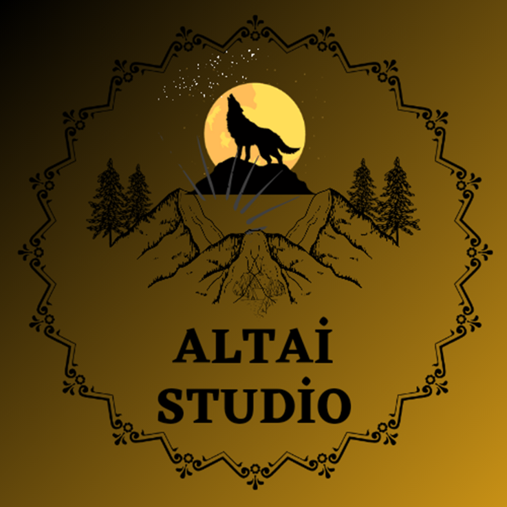In this image, there is a logo featuring a wolf silhouette in the center. In the background, a large and bright full moon is visible. In front of the yellow full moon, a howling wolf silhouette is placed on top of a hill. The ground where the wolf is situated is surrounded by mountains, with pine trees around them. At the top of the logo, above the mountains, there are stars and sparkles. At the bottom of the logo, in large black letters, it says "ALTAI STUDIO". The main frame of the logo is surrounded by a decorative zigzag line, adding an artistic touch to the logo. The background features a gradient transition of golden yellow and black tones.
Overall, the design reflects the spirit of nature, wildlife, and the Altai region. The golden background conveys a sense of luxury or prestige, and the wolf figure symbolizes strength and freedom.