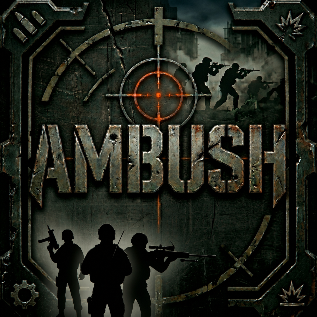 A dark and military themed game cover framed by thick metal borders, with small gear and explosion icons tucked into the corners. The color palette relies on moody shades of dark green, gray, and rusty orange to build a tense atmosphere. Through a dense background fog, the shadowy silhouettes of a ruined city and battling soldiers are visible. Placed over this backdrop is a metallic circular crosshair with a bright orange center mark. Just below it, the title AMBUSH dominates the center of the image in large heavily rusted metal letters. In the foreground along the bottom edge, the solid black silhouettes of three soldiers stand at the ready. Each soldier clutches a different type of heavy firearm, holding distinct and watchful combat stances.