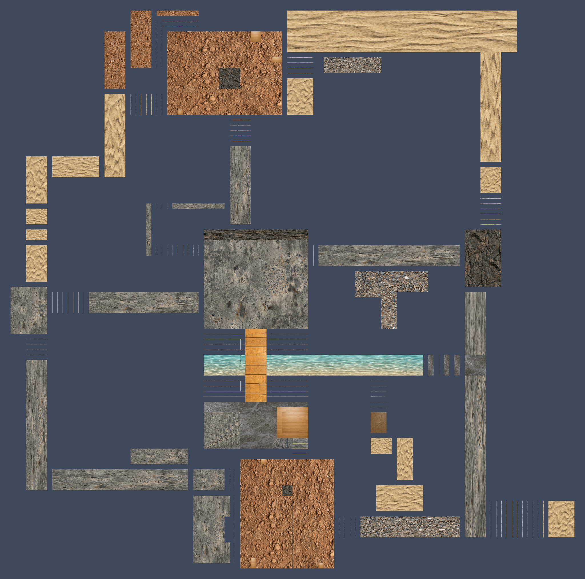 Scattered map of rectangular and square tiles on a dark blue background. Near the center, a large gray stone square sits above a horizontal turquoise water strip crossed by a short wooden bridge, with soil, wood and stone tiles around the edges.