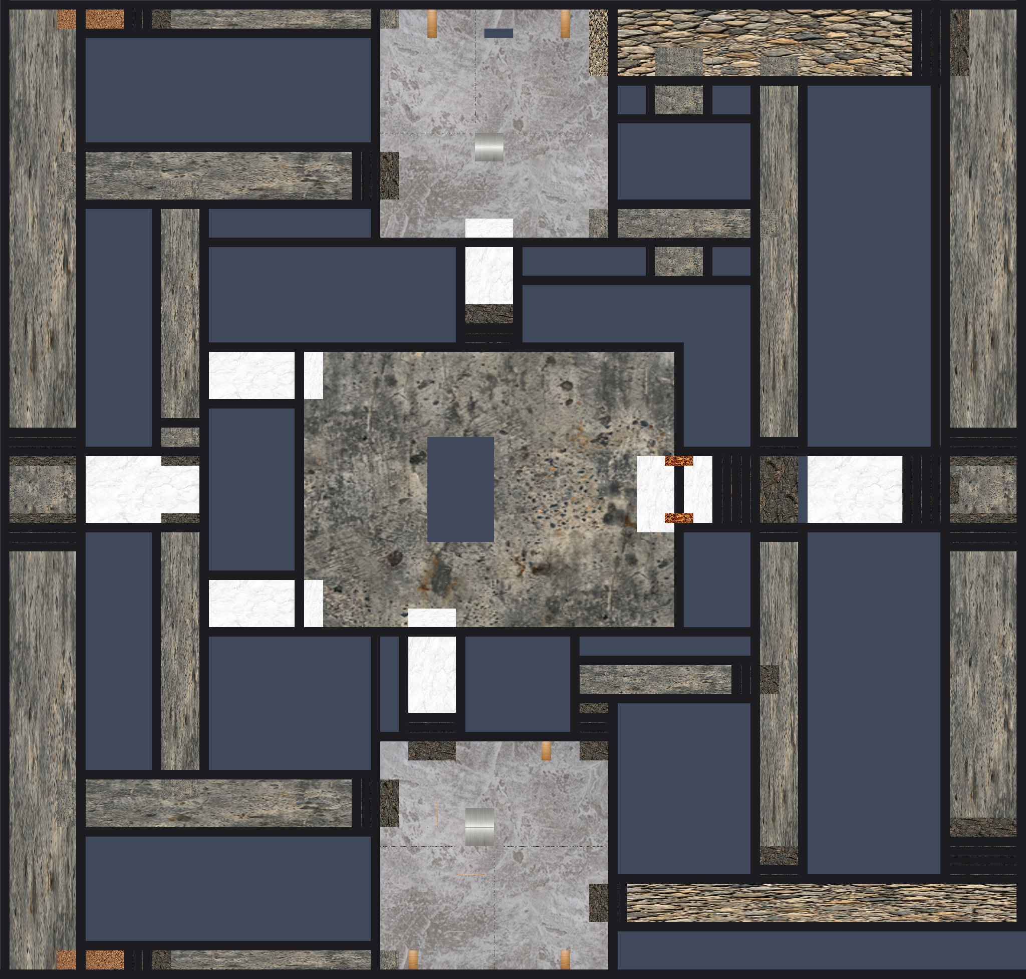 Abstract texture map with dark gray background and a grid of black lines separating concrete, weathered gray wood, white marble and yellowish stone rectangles arranged in a complex geometric pattern.